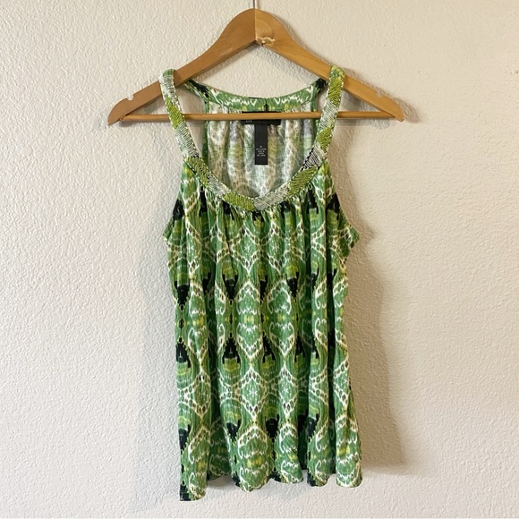 INC International Concepts Beaded V Neck Green and Black Patterned Tank Top Y2K - Picture 1 of 6